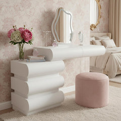 Coiffeuse extensible 101-140cm avec 5 tiroirs arrondis et miroir design Mezade Blanc