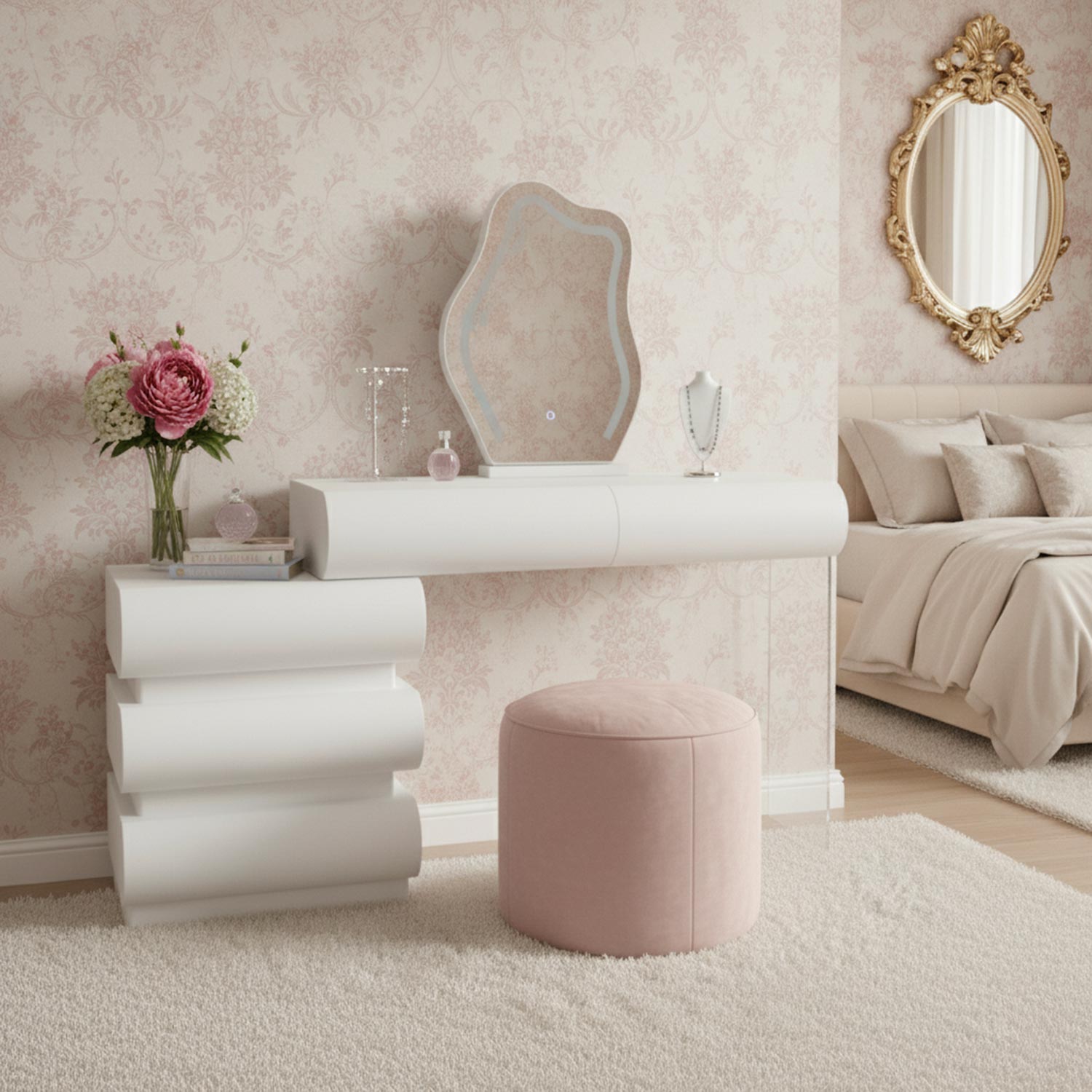 Coiffeuse extensible 101-140cm avec 5 tiroirs arrondis et miroir design Mezade Blanc