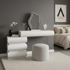 Coiffeuse extensible 101-140cm avec 5 tiroirs arrondis et miroir design Mezade Blanc