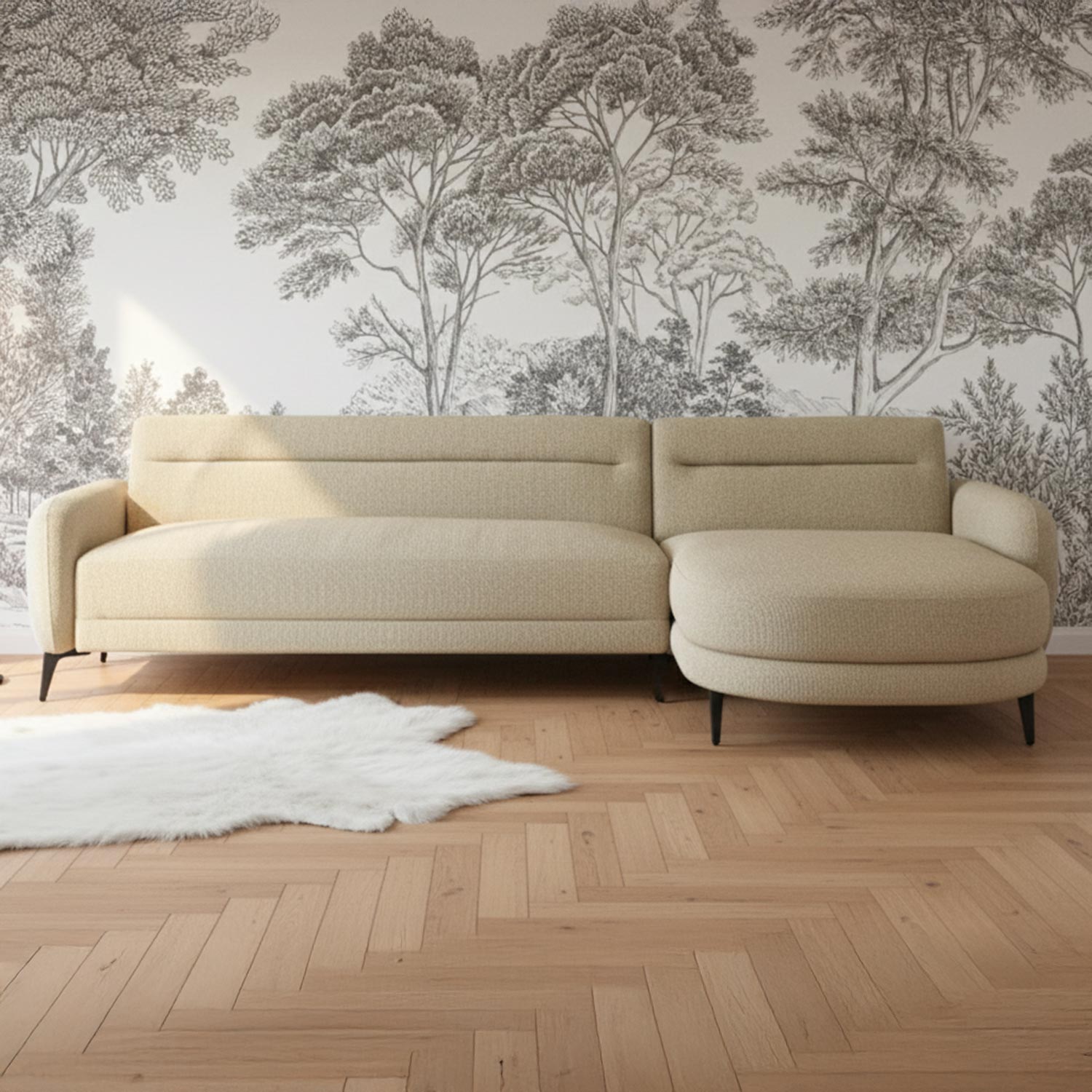 Canapé d'angle convertible avec méridienne arrondie Milord Tissu texturé taupe