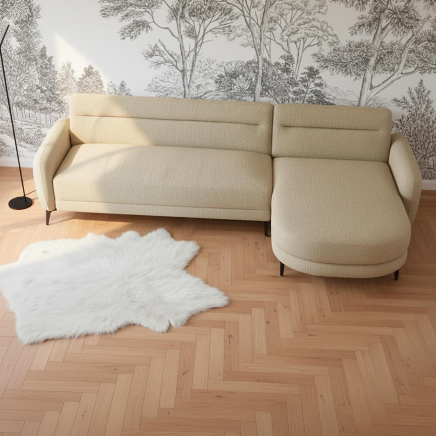 Canapé d'angle convertible avec méridienne arrondie Milord Tissu texturé taupe
