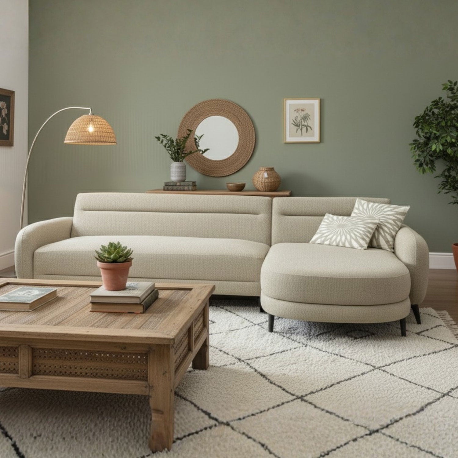 Canapé d'angle convertible avec méridienne arrondie Milord Tissu texturé taupe