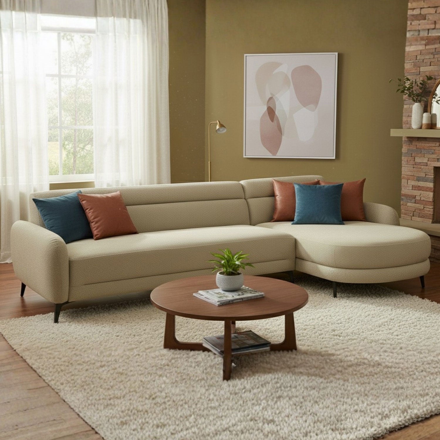 Canapé d'angle convertible avec méridienne arrondie Milord Tissu texturé taupe