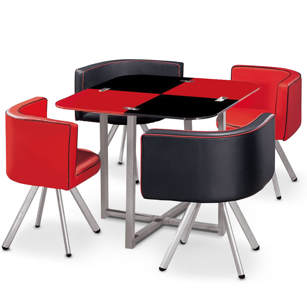 Table carrée Mosaic 90 en verre rouge et noir - pratique gain de place avec ses 4 sièges encastrables