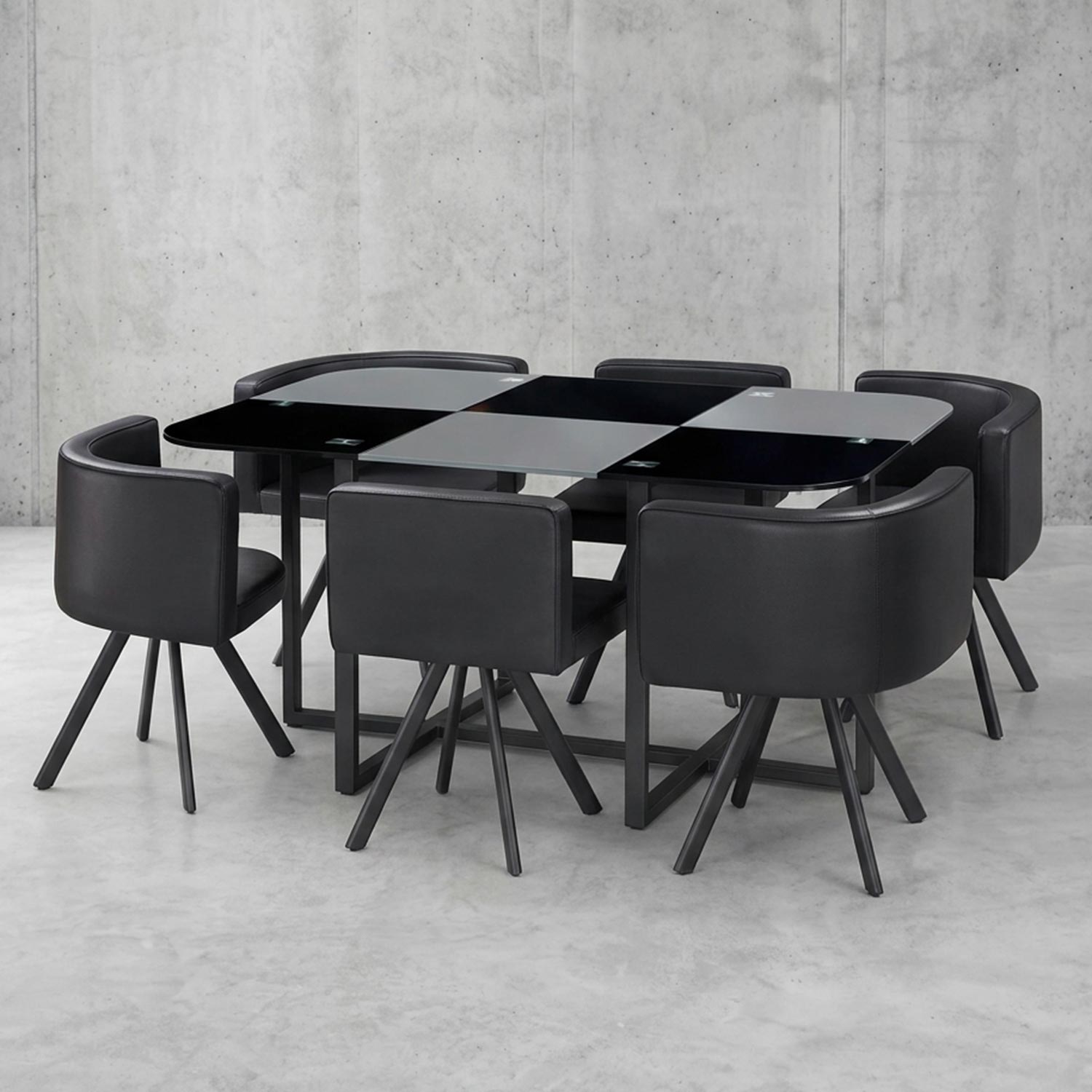 Table 90x150cm avec 6 sièges gain de place Mosaic XL Verre Noir/Gris et Métal noir