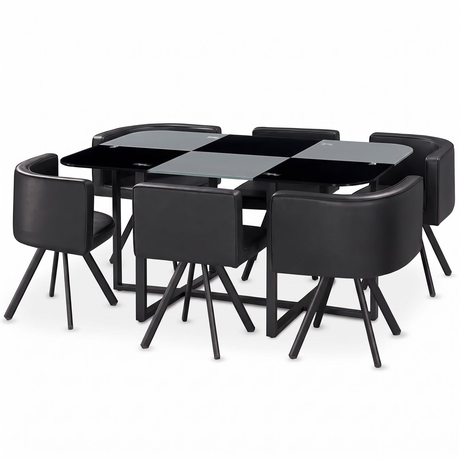 Table 90x150cm avec 6 sièges gain de place Mosaic XL Verre Noir/Gris et Métal noir