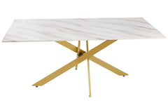Table à manger en verre effet marbre Aslel avec pieds métalliques or