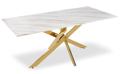Table à manger en verre effet marbre Aslel avec pieds métalliques or