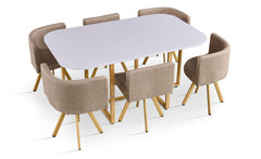 Table rectangulaire 150cm avec 6 chaises gain de place Oslo Blanc et Tissu Taupe