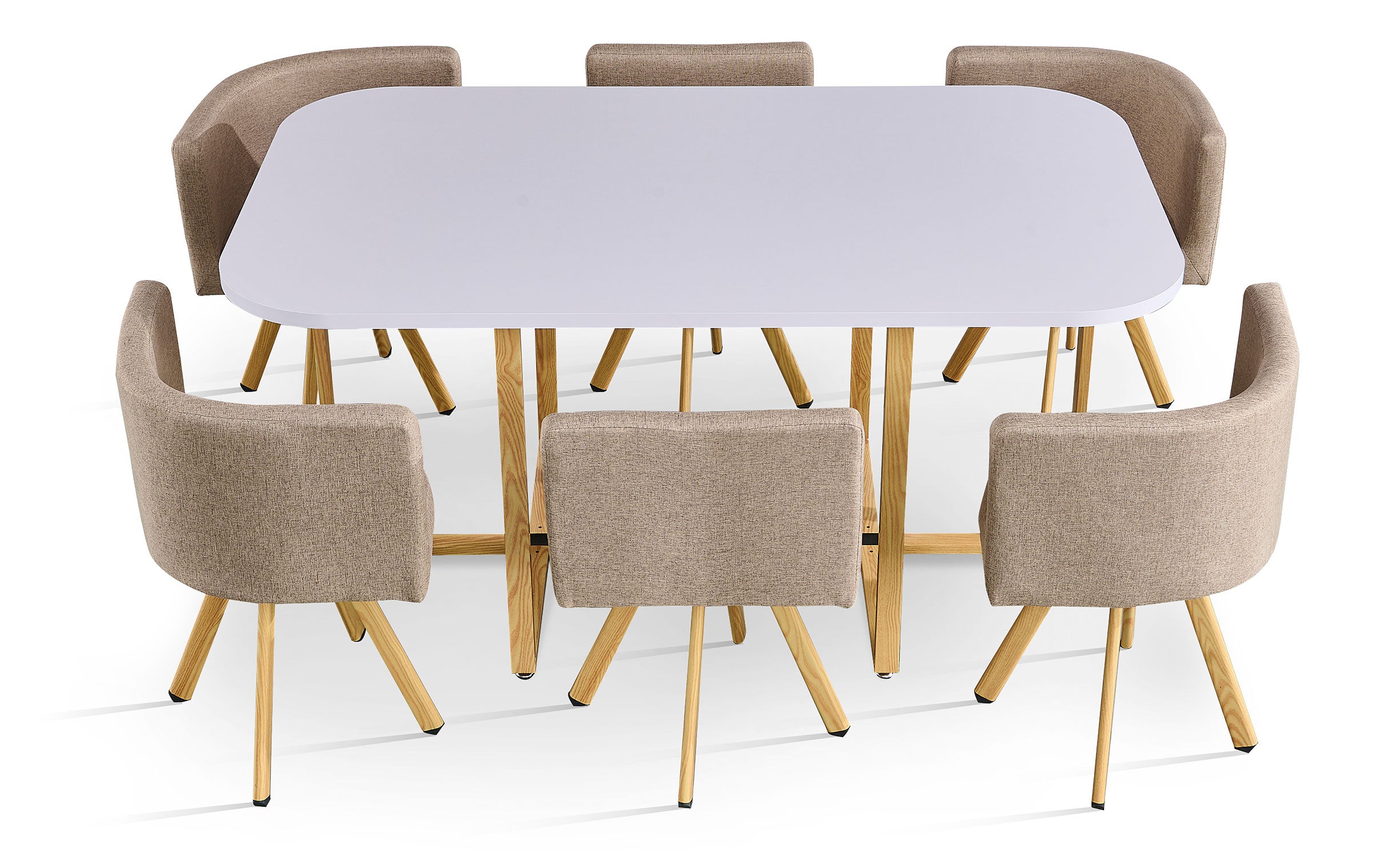 Table rectangulaire 150cm avec 6 chaises gain de place Oslo Blanc et Tissu Taupe