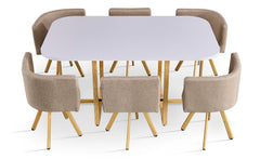 Table rectangulaire 150cm avec 6 chaises gain de place Oslo Blanc et Tissu Taupe
