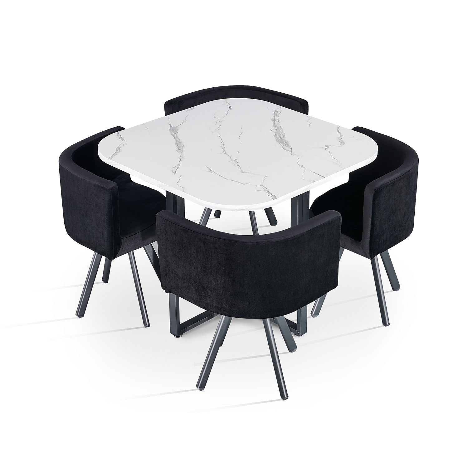 Table carrée 90cm avec 4 chaises gain de place Oslo Effet marbre blanc et Velours Noir