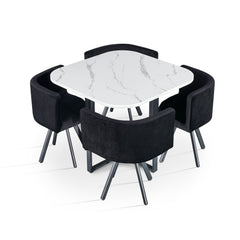 Table carrée 90cm avec 4 chaises gain de place Oslo Effet marbre blanc et Velours Noir