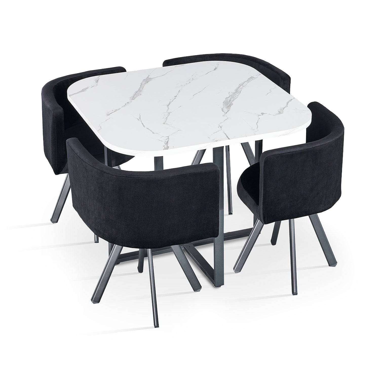 Table carrée 90cm avec 4 chaises gain de place Oslo Effet marbre blanc et Velours Noir