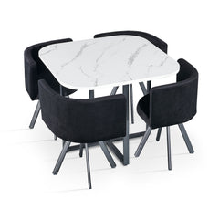 Table carrée 90cm avec 4 chaises gain de place Oslo Effet marbre blanc et Velours Noir