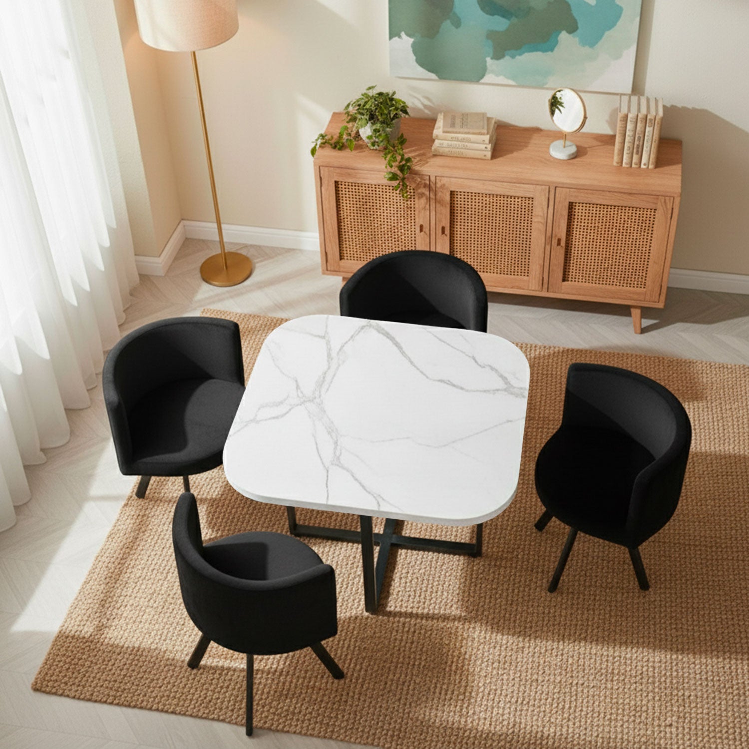 Table carrée 90cm avec 4 chaises gain de place Oslo Effet marbre blanc et Velours Noir