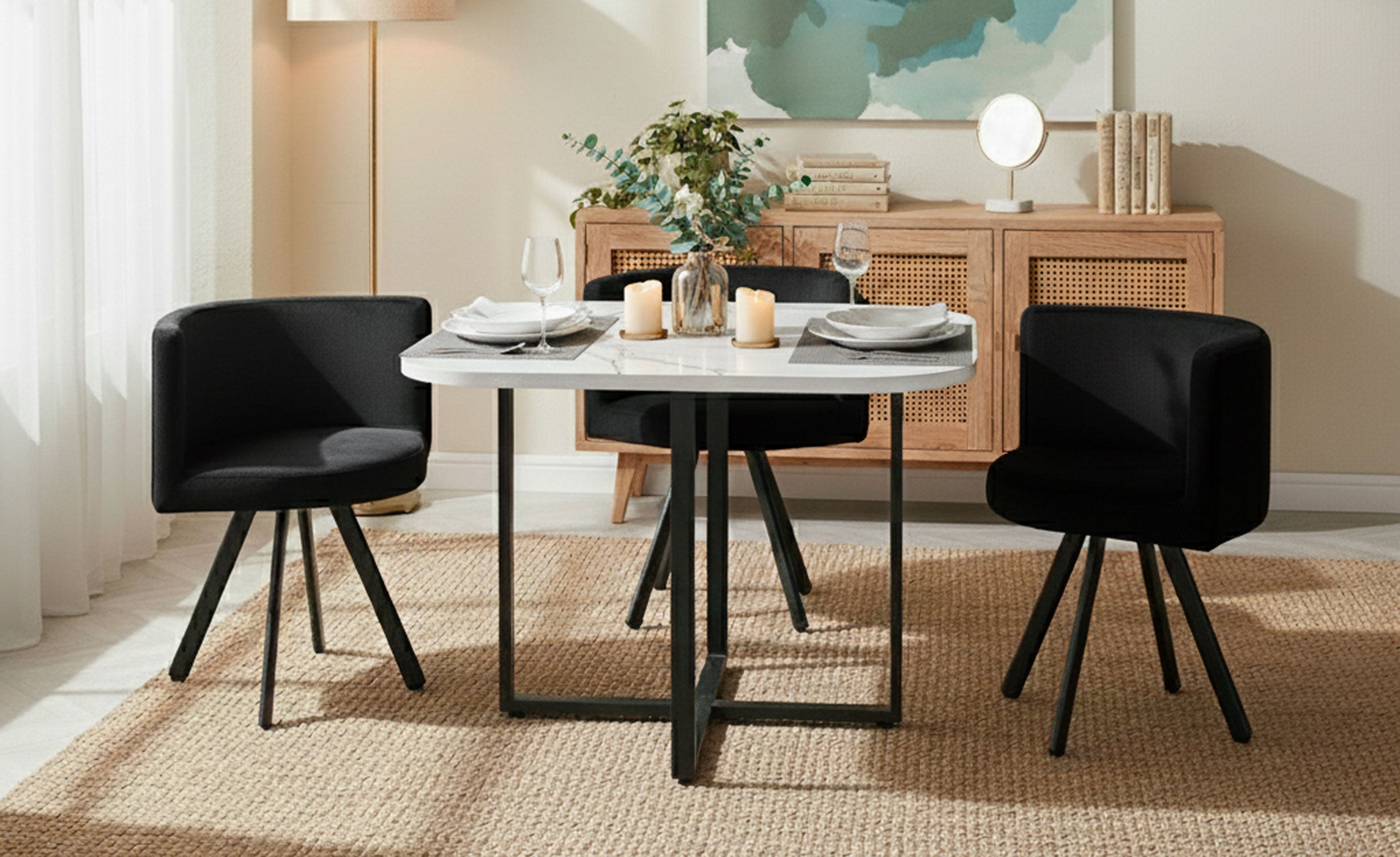 Table carrée 90cm avec 4 chaises gain de place Oslo Effet marbre blanc et Velours Noir