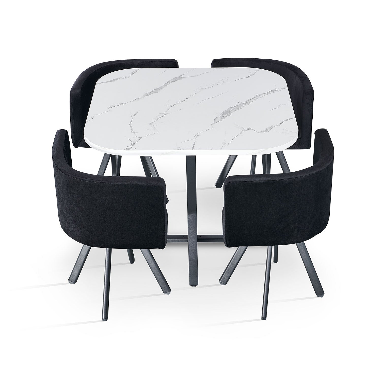 Table carrée 90cm avec 4 chaises gain de place Oslo Effet marbre blanc et Velours Noir