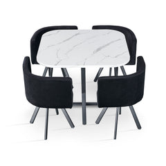 Table carrée 90cm avec 4 chaises gain de place Oslo Effet marbre blanc et Velours Noir