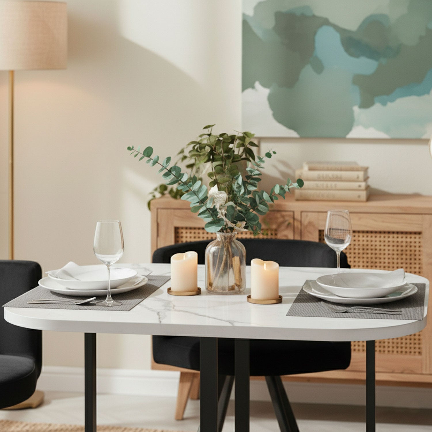 Table carrée 90cm avec 4 chaises gain de place Oslo Effet marbre blanc et Velours Noir
