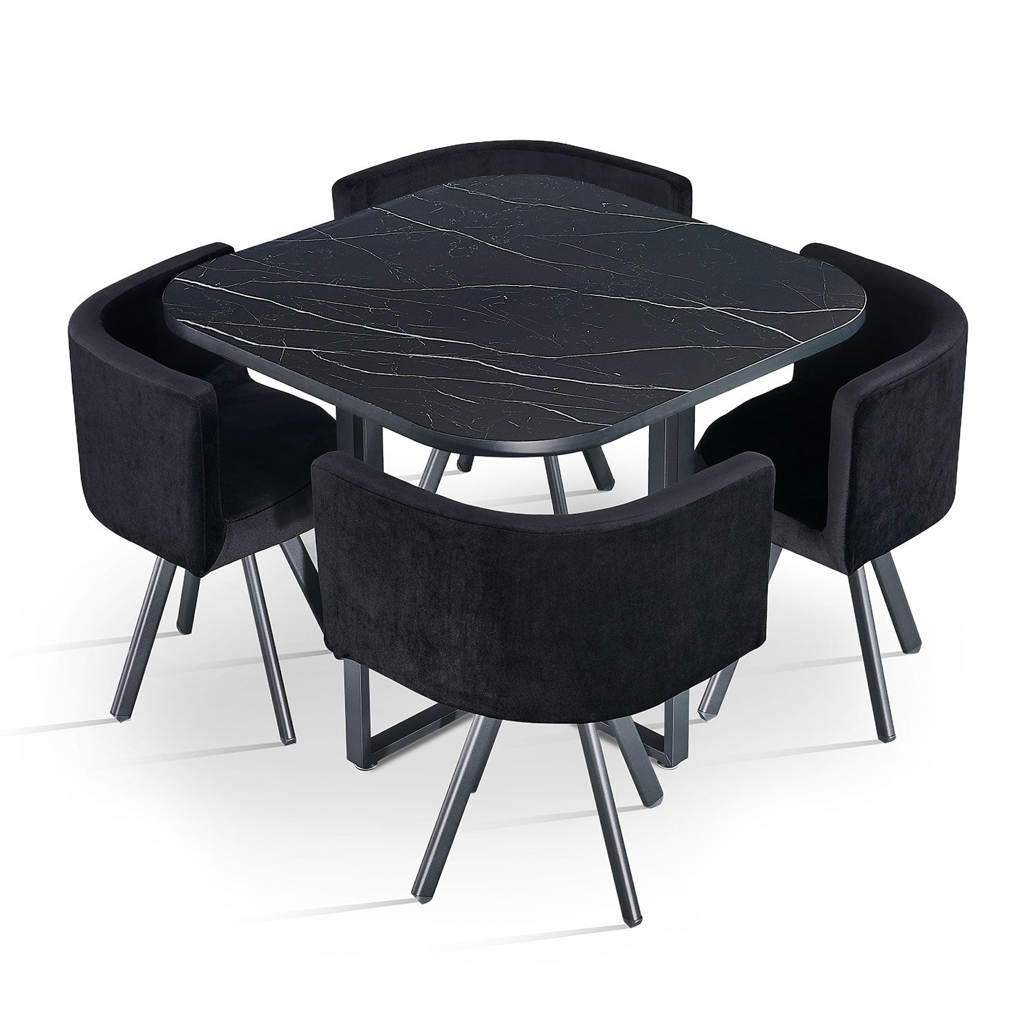 Table carrée 90cm avec 4 chaises gain de place Oslo Effet marbre noir et Velours Noir