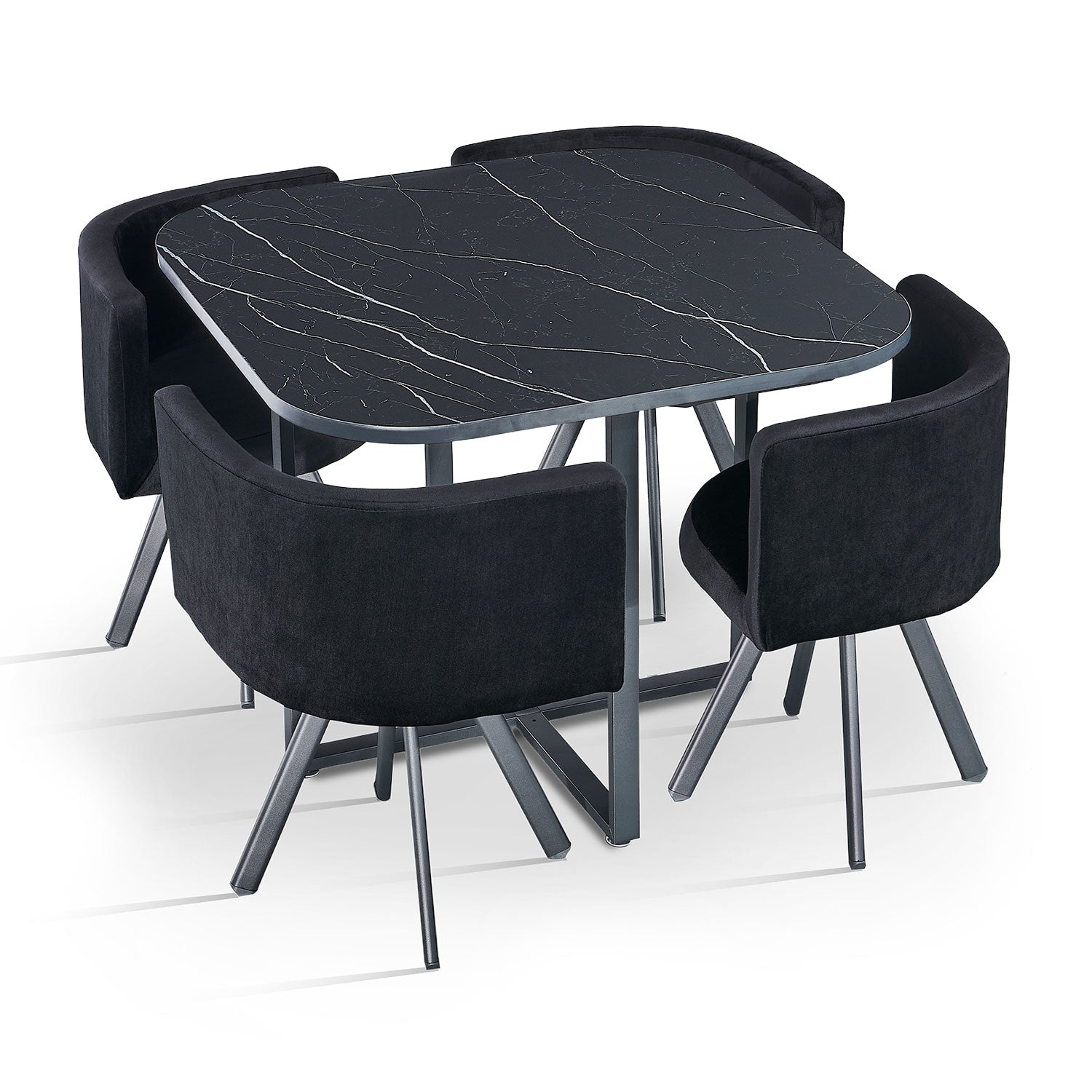 Table carrée 90cm avec 4 chaises gain de place Oslo Effet marbre noir et Velours Noir