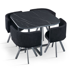 Table carrée 90cm avec 4 chaises gain de place Oslo Effet marbre noir et Velours Noir