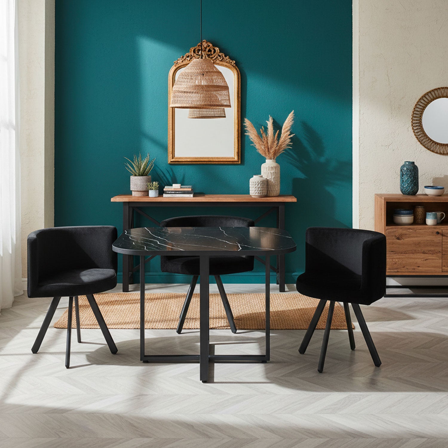 Table carrée 90cm avec 4 chaises gain de place Oslo Effet marbre noir et Velours Noir