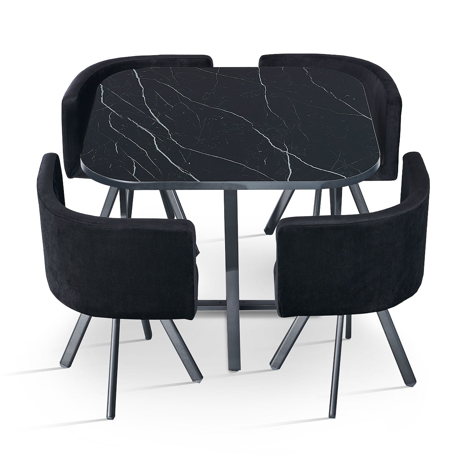 Table carrée 90cm avec 4 chaises gain de place Oslo Effet marbre noir et Velours Noir