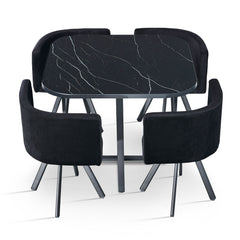 Table carrée 90cm avec 4 chaises gain de place Oslo Effet marbre noir et Velours Noir