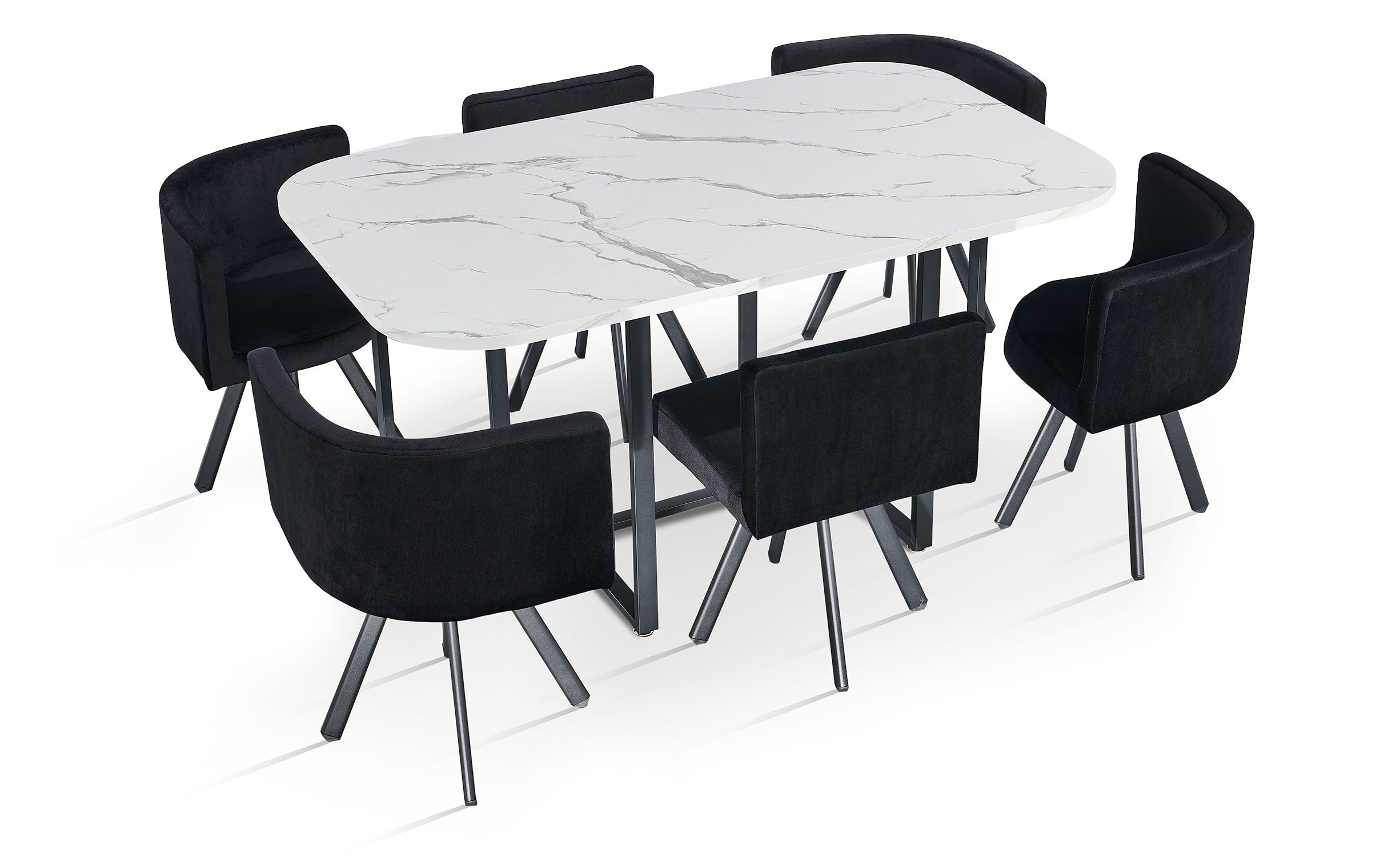 Table rectangulaire 150cm avec 6 chaises gain de place Oslo XL Effet marbre noir et Velours Noir