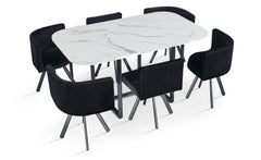 Table rectangulaire 150cm avec 6 chaises gain de place Oslo XL Effet marbre noir et Velours Noir