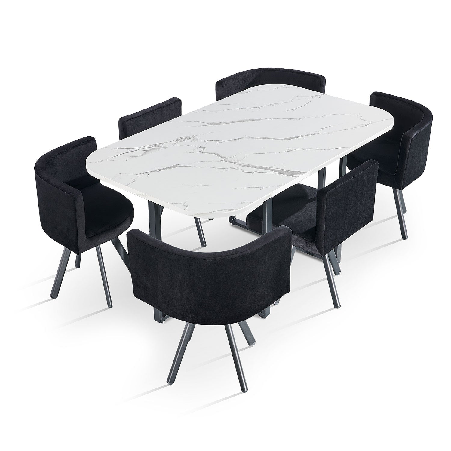 Table rectangulaire 150cm avec 6 chaises gain de place Oslo XL Effet marbre noir et Velours Noir