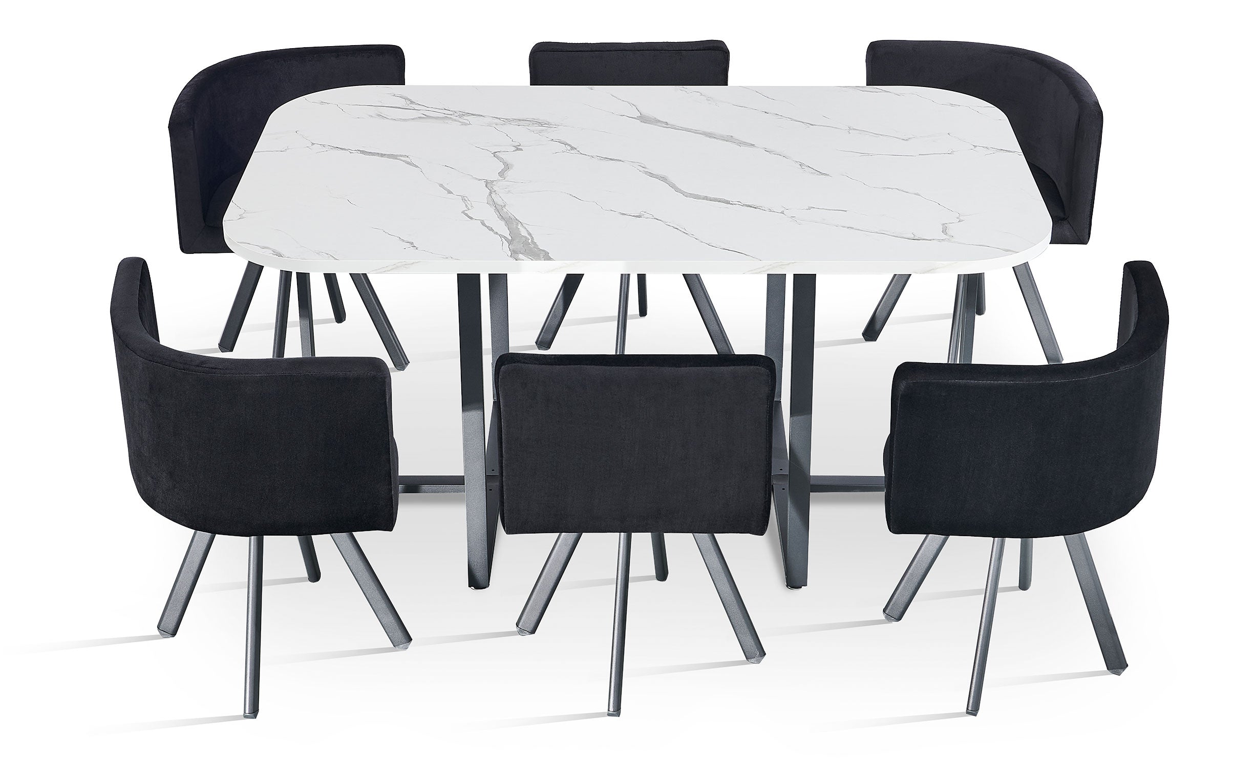 Table rectangulaire 150cm avec 6 chaises gain de place Oslo XL Effet marbre noir et Velours Noir