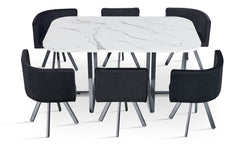 Table rectangulaire 150cm avec 6 chaises gain de place Oslo XL Effet marbre noir et Velours Noir