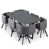 Mesa y 6 sillas tapizadas en gris y tela, estructura de metal negro