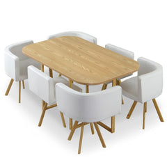 Table et ses 6 chaises en simili blanc Oslo XL plateau coloris chêne clair et structure en métal effet bois