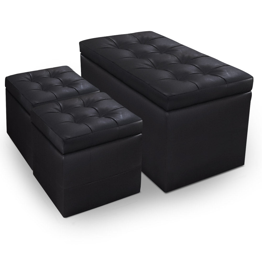 Banquette-Coffre Panky et ses 2 poufs-coffres noirs assortis