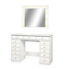 Coiffeuse moderne 13 tiroirs avec miroir lumineux et plateau en verre L120cm Probeauty Blanc