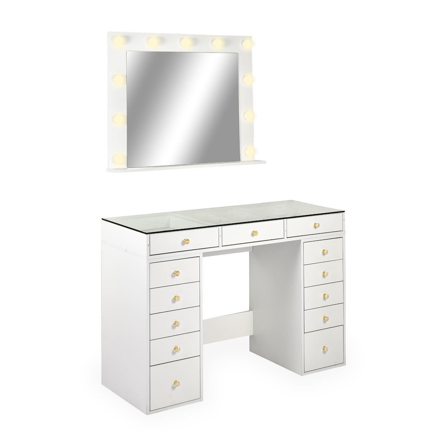 Coiffeuse moderne 13 tiroirs avec miroir lumineux et plateau en verre L120cm Probeauty Blanc