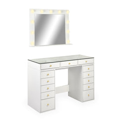 Coiffeuse moderne 13 tiroirs avec miroir lumineux et plateau en verre L120cm Probeauty Blanc