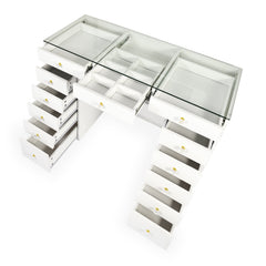 Coiffeuse moderne 13 tiroirs avec miroir lumineux et plateau en verre L120cm Probeauty Blanc