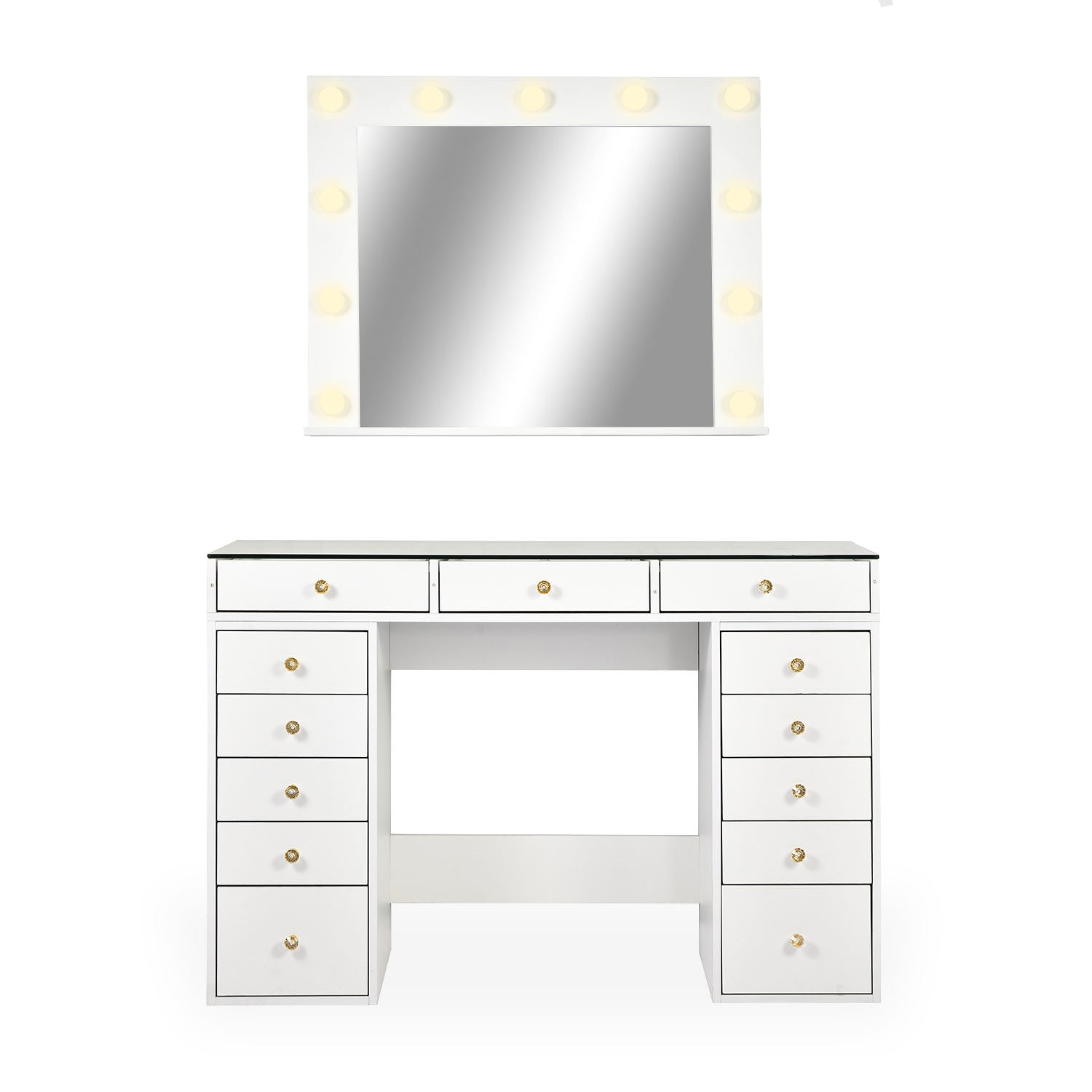 Coiffeuse moderne 13 tiroirs avec miroir lumineux et plateau en verre L120cm Probeauty Blanc