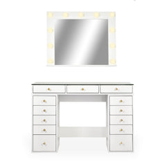 Coiffeuse moderne 13 tiroirs avec miroir lumineux et plateau en verre L120cm Probeauty Blanc