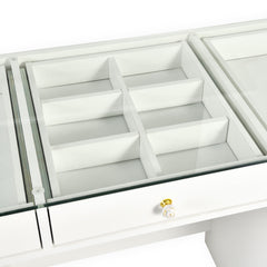 Coiffeuse moderne 13 tiroirs avec miroir lumineux et plateau en verre L120cm Probeauty Blanc