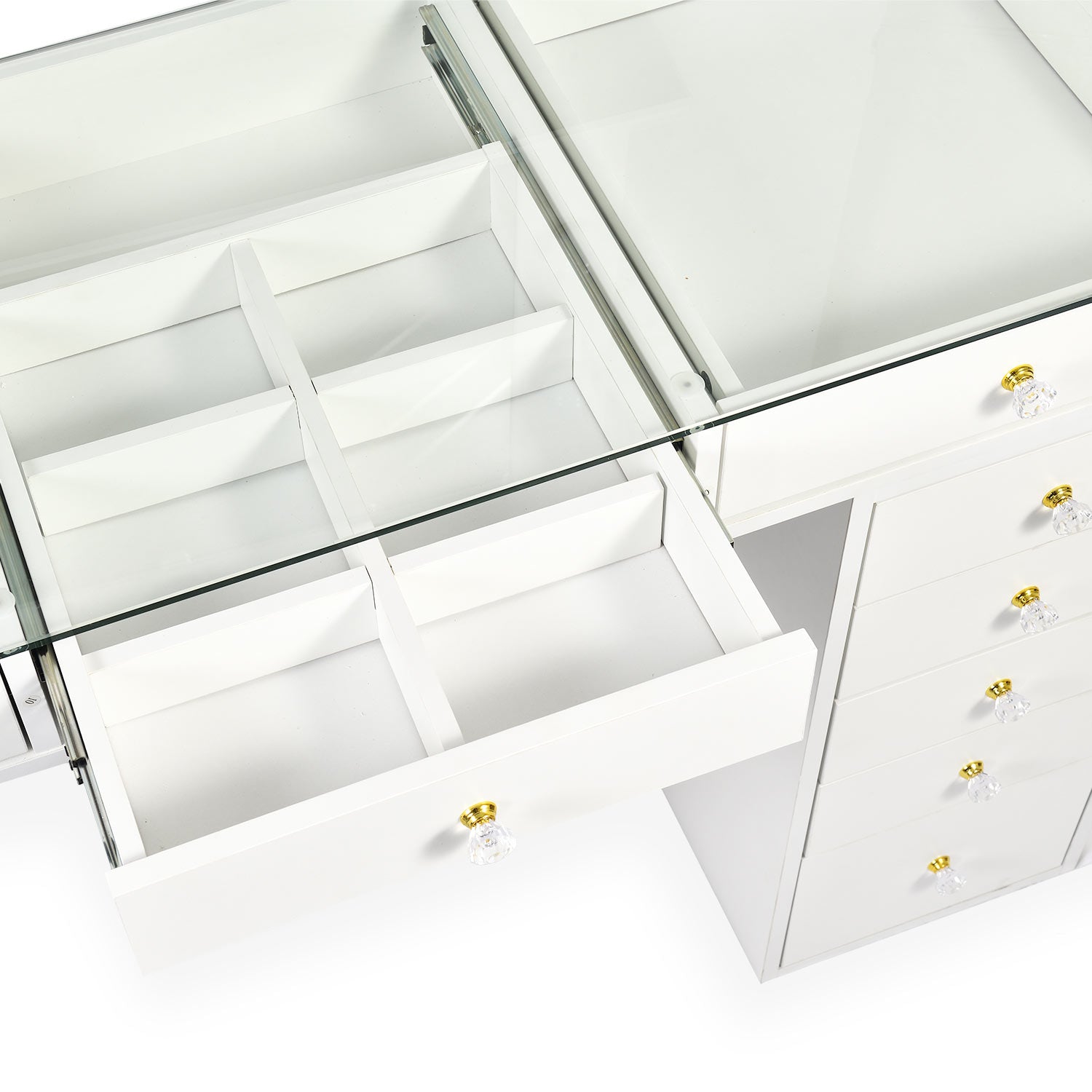 Coiffeuse moderne 13 tiroirs avec miroir lumineux et plateau en verre L120cm Probeauty Blanc