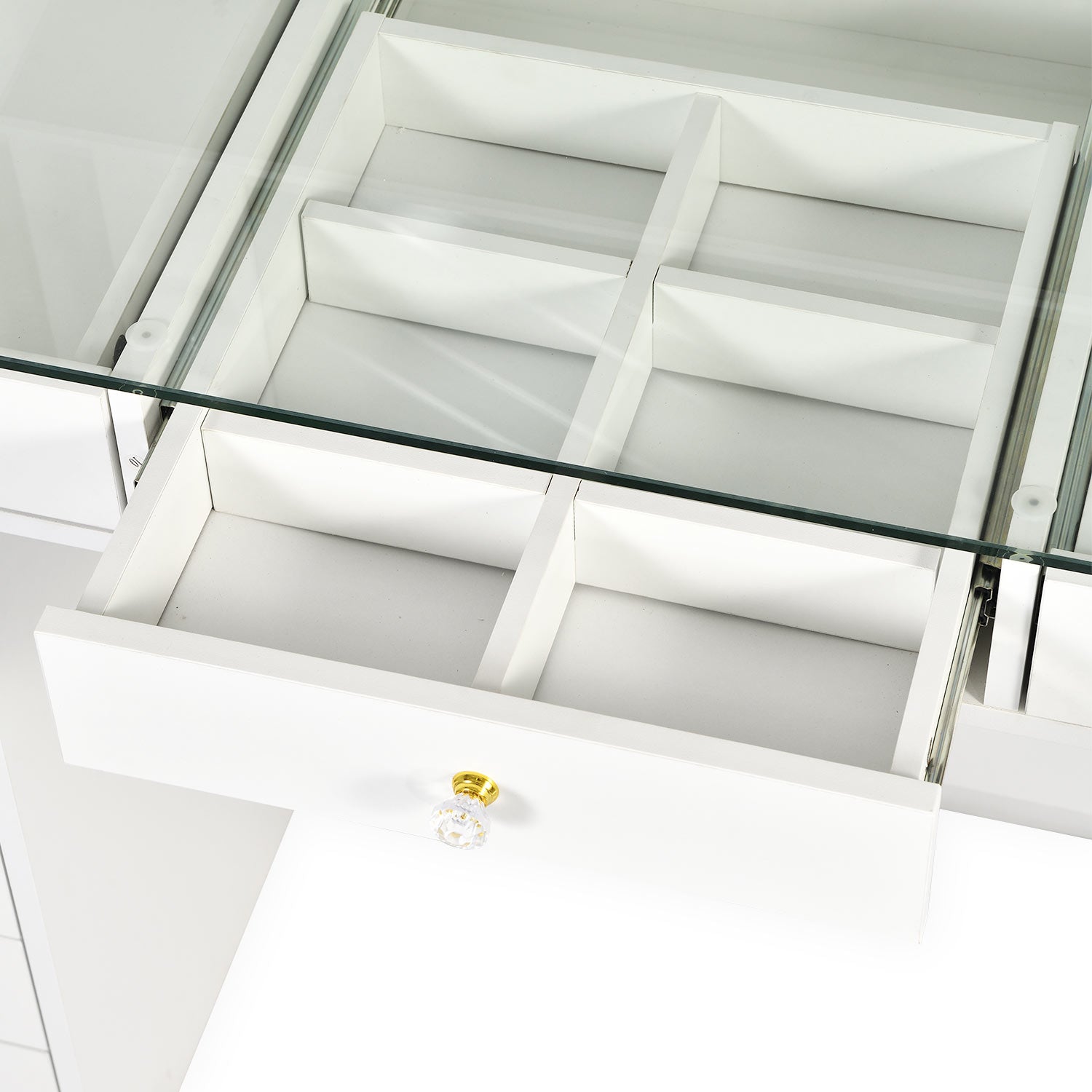 Coiffeuse moderne 13 tiroirs avec miroir lumineux et plateau en verre L120cm Probeauty Blanc