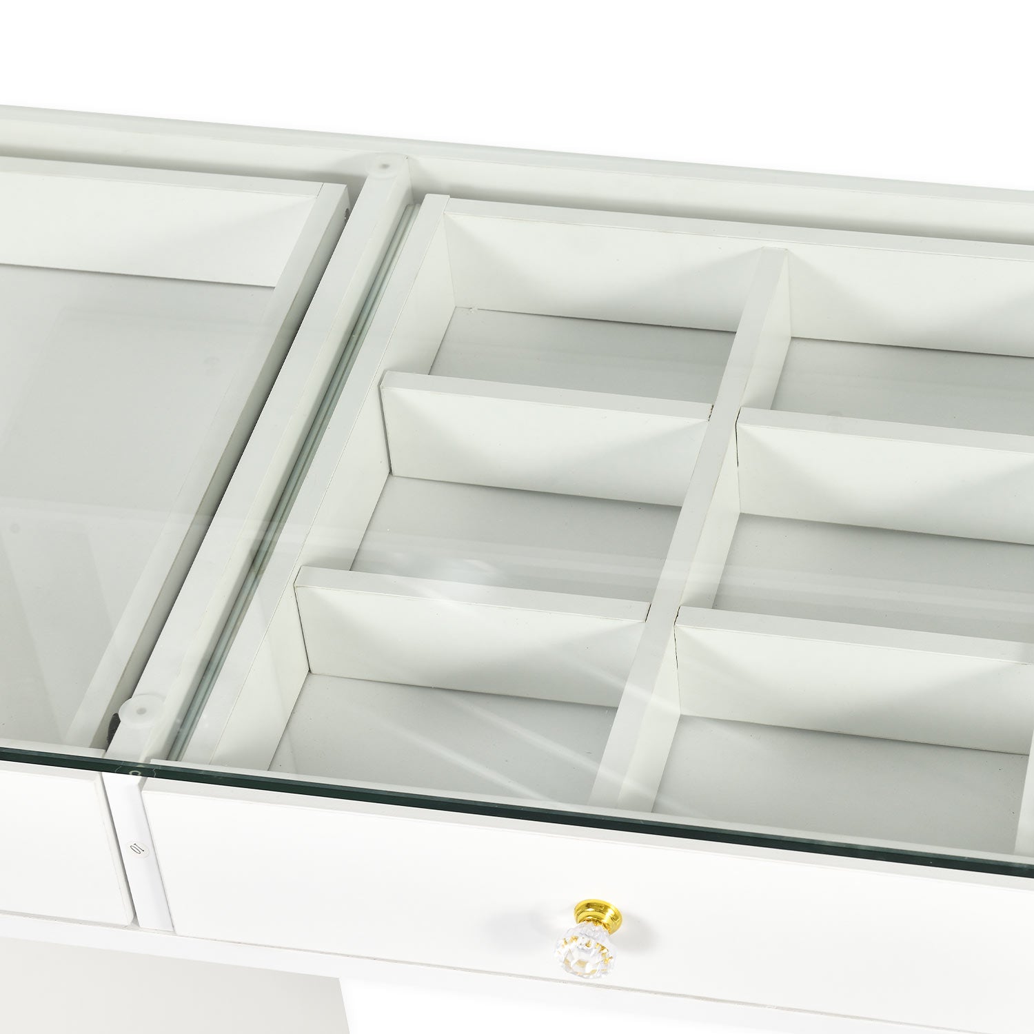 Coiffeuse moderne 13 tiroirs avec miroir lumineux et plateau en verre L120cm Probeauty Blanc