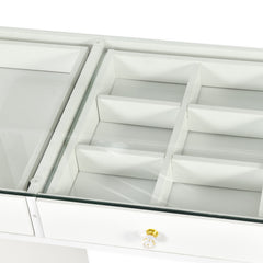 Coiffeuse moderne 13 tiroirs avec miroir lumineux et plateau en verre L120cm Probeauty Blanc