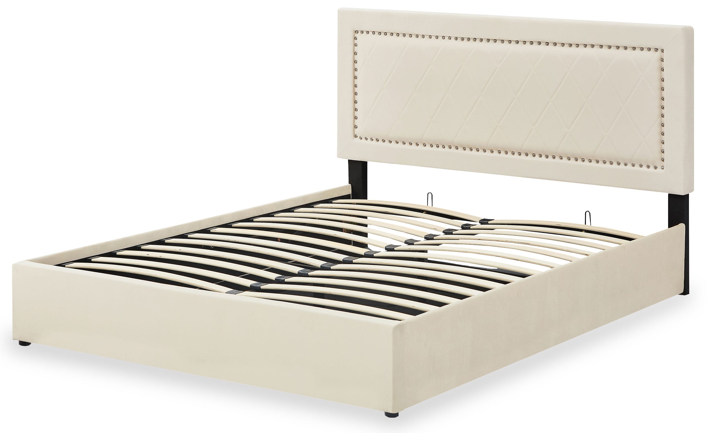 Lit coffre Sandiego avec sommier relevable 160x200cm et tête de lit cloutée Velours Beige